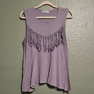 Gray Sleeveless Top with Fringe